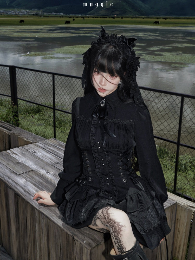 Gothic Vintage Patchwork Elegant Waist-Cinching Lace Mini Dress【s0000018013】