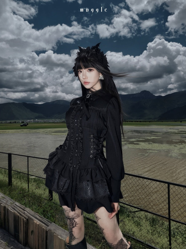Gothic Vintage Patchwork Elegant Waist-Cinching Lace Mini Dress【s0000018013】