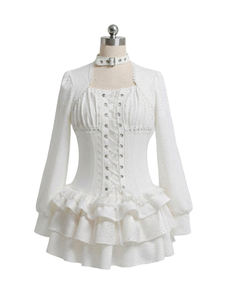 White Gothic r¥Retro Patchwork Elegant Waist-Cinching Lace Mini Dress【s0000018015】