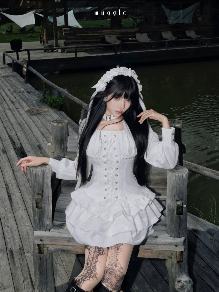 White Gothic r¥Retro Patchwork Elegant Waist-Cinching Lace Mini Dress【s0000018015】