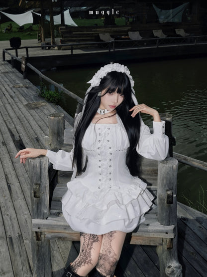 White Gothic r¥Retro Patchwork Elegant Waist-Cinching Lace Mini Dress【s0000018015】