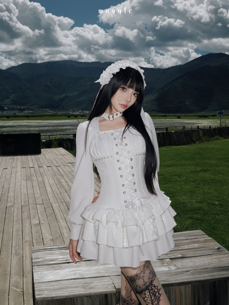 White Gothic r¥Retro Patchwork Elegant Waist-Cinching Lace Mini Dress【s0000018015】