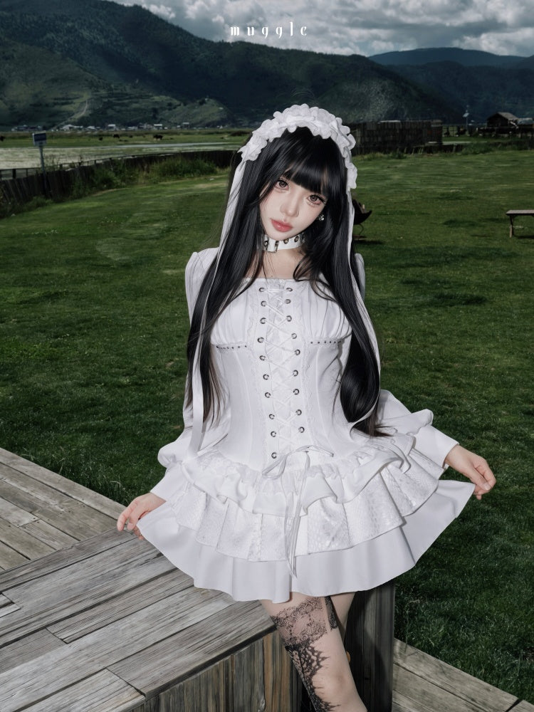 White Gothic r¥Retro Patchwork Elegant Waist-Cinching Lace Mini Dress【s0000018015】