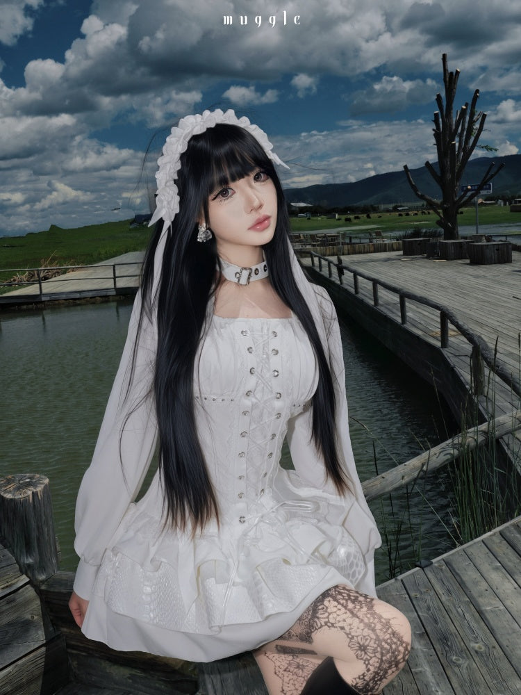 White Gothic r¥Retro Patchwork Elegant Waist-Cinching Lace Mini Dress【s0000018015】