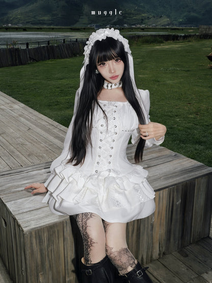 White Gothic r¥Retro Patchwork Elegant Waist-Cinching Lace Mini Dress【s0000018015】
