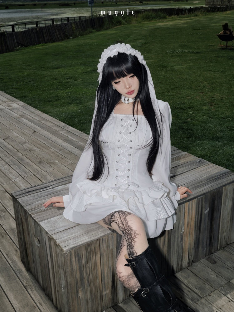 White Gothic r¥Retro Patchwork Elegant Waist-Cinching Lace Mini Dress【s0000018015】