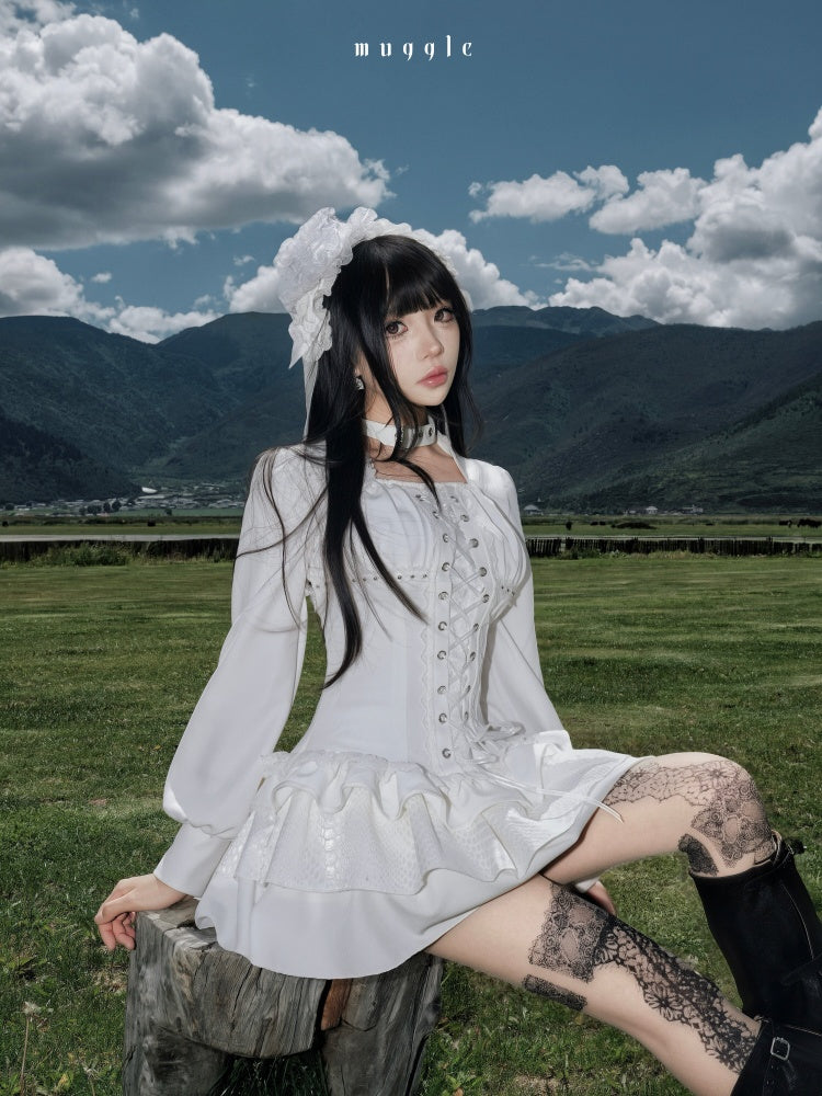 White Gothic r¥Retro Patchwork Elegant Waist-Cinching Lace Mini Dress【s0000018015】