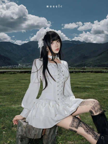 White Gothic r¥Retro Patchwork Elegant Waist-Cinching Lace Mini Dress【s0000018015】