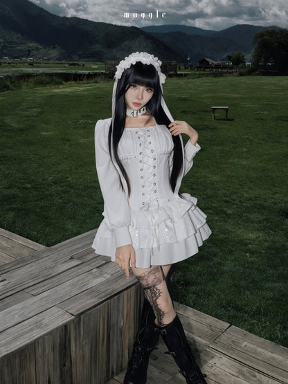 White Gothic r¥Retro Patchwork Elegant Waist-Cinching Lace Mini Dress【s0000018015】
