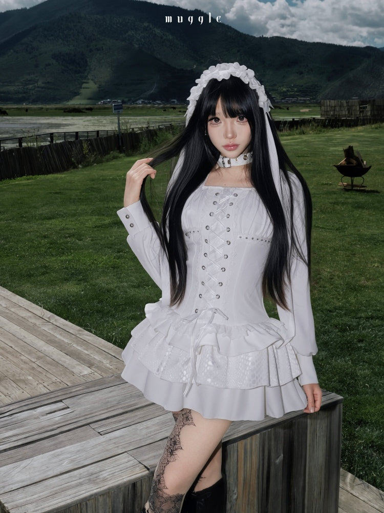 White Gothic r¥Retro Patchwork Elegant Waist-Cinching Lace Mini Dress【s0000018015】