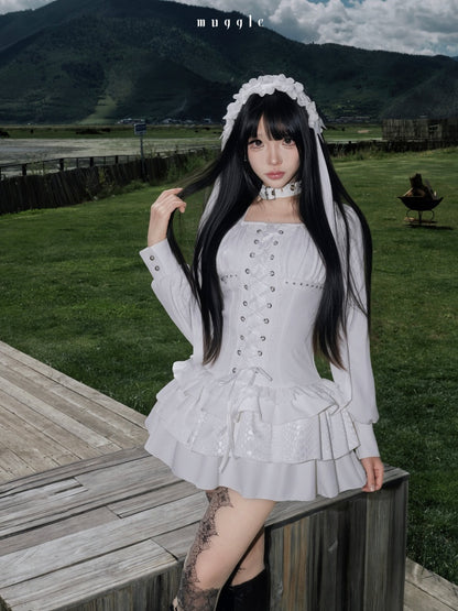 White Gothic r¥Retro Patchwork Elegant Waist-Cinching Lace Mini Dress【s0000018015】
