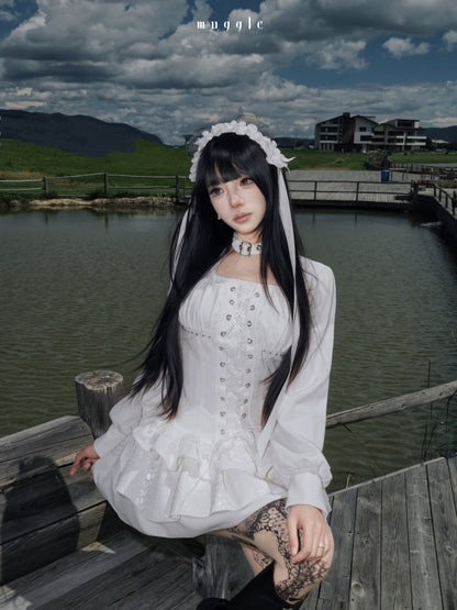 White Gothic r¥Retro Patchwork Elegant Waist-Cinching Lace Mini Dress【s0000018015】