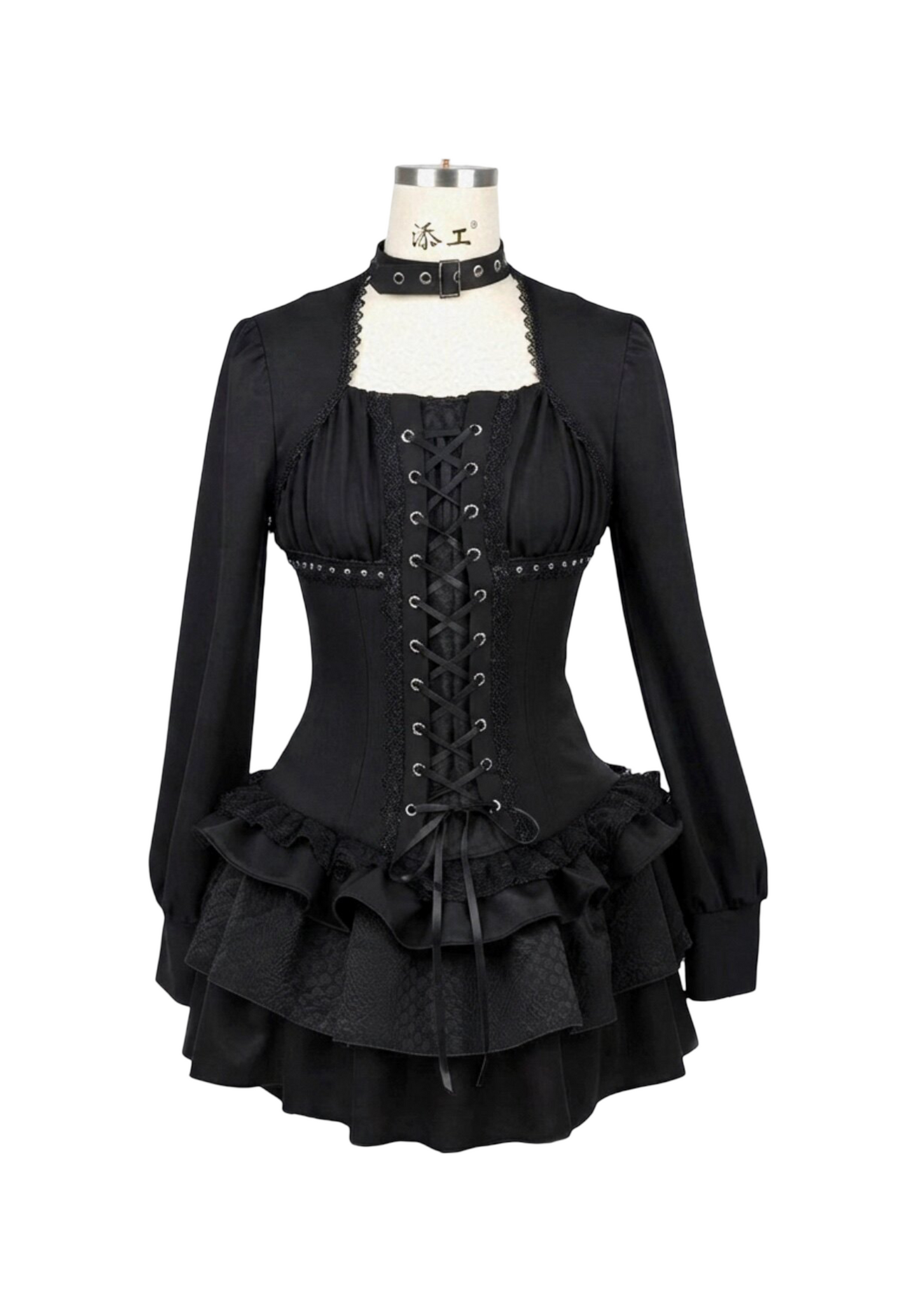 Black Gothic Retro Patchwork Elegant Waist-Cinching Lace Mini Dress【s0000018018】
