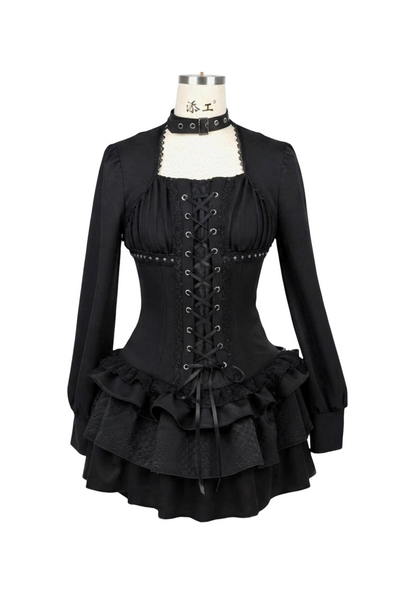 Black Gothic Retro Patchwork Elegant Waist-Cinching Lace Mini Dress【s0000018018】