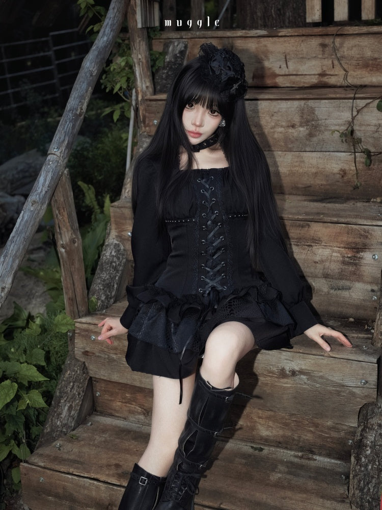 Black Gothic Retro Patchwork Elegant Waist-Cinching Lace Mini Dress【s0000018018】