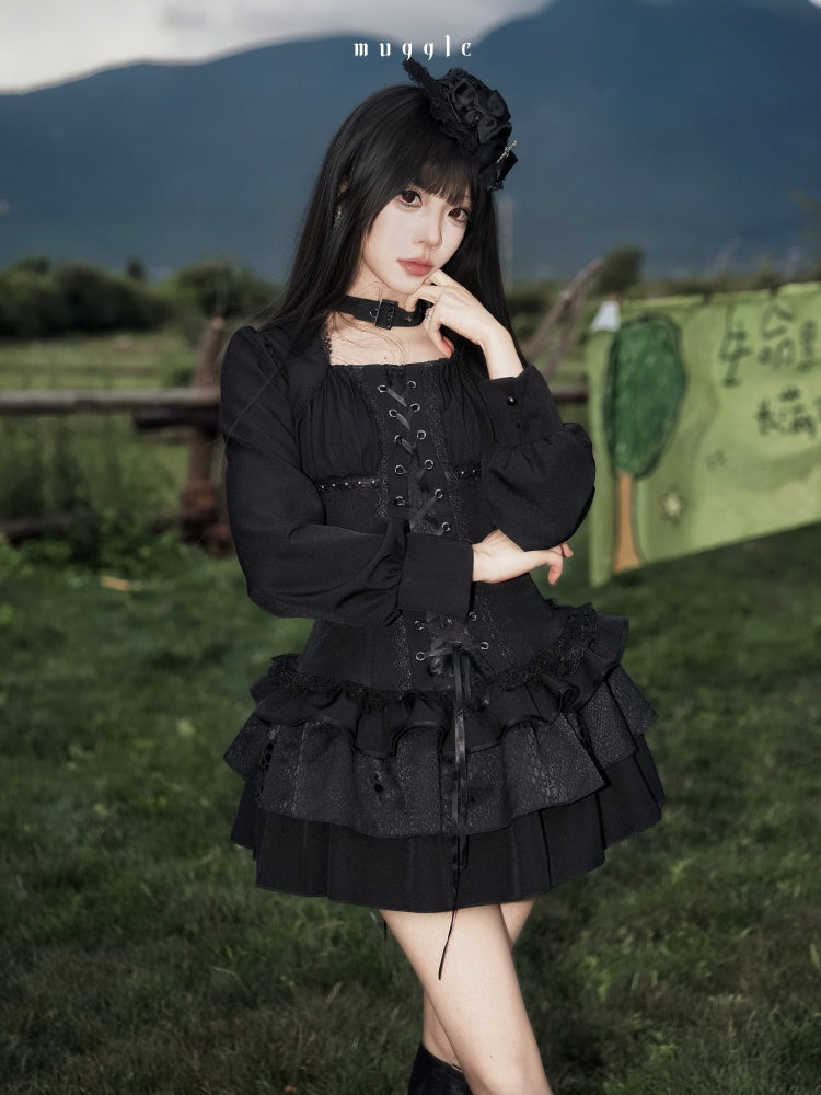 Black Gothic Retro Patchwork Elegant Waist-Cinching Lace Mini Dress【s0000018018】