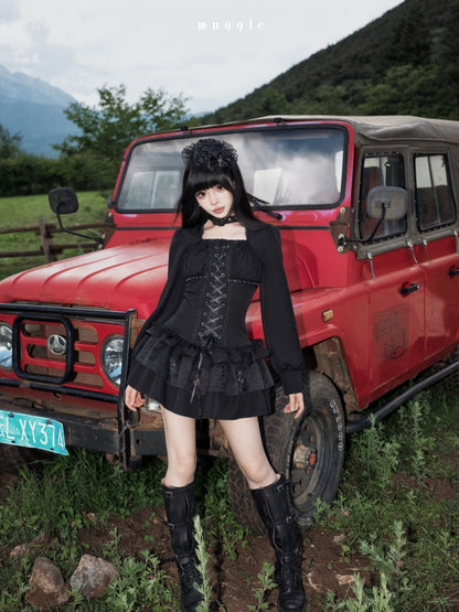 Black Gothic Retro Patchwork Elegant Waist-Cinching Lace Mini Dress【s0000018018】