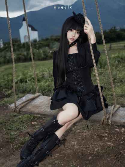 Black Gothic Retro Patchwork Elegant Waist-Cinching Lace Mini Dress【s0000018018】