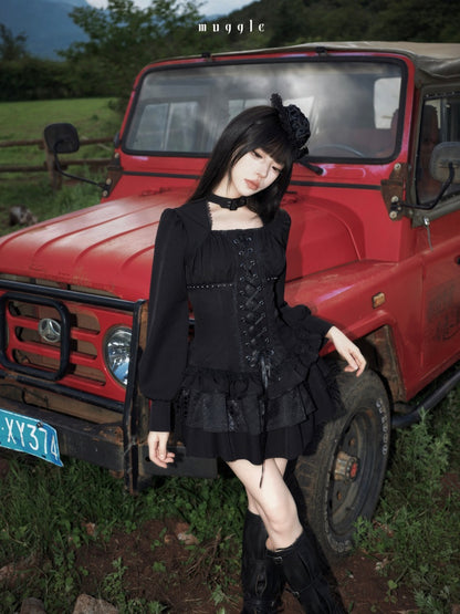 Black Gothic Retro Patchwork Elegant Waist-Cinching Lace Mini Dress【s0000018018】