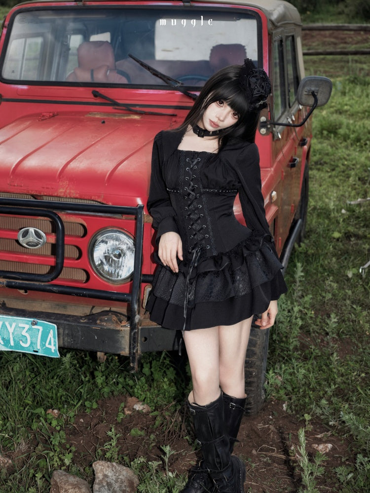 Black Gothic Retro Patchwork Elegant Waist-Cinching Lace Mini Dress【s0000018018】