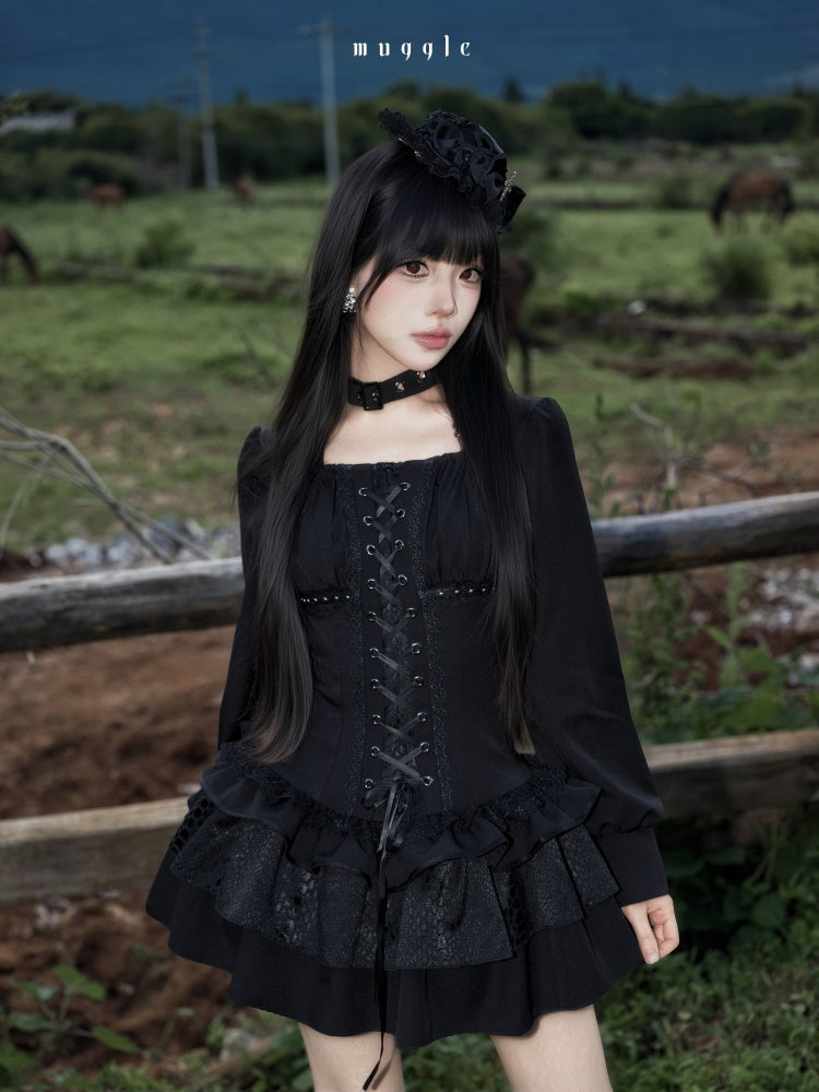 Black Gothic Retro Patchwork Elegant Waist-Cinching Lace Mini Dress【s0000018018】