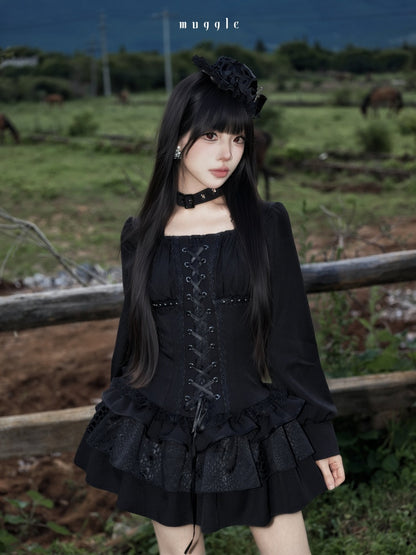 Black Gothic Retro Patchwork Elegant Waist-Cinching Lace Mini Dress【s0000018018】