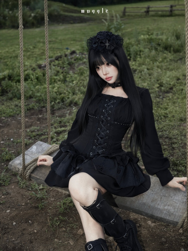 Black Gothic Retro Patchwork Elegant Waist-Cinching Lace Mini Dress【s0000018018】