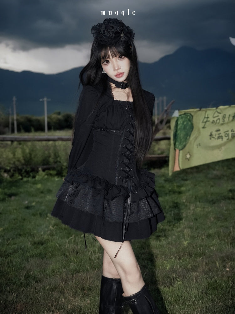 Black Gothic Retro Patchwork Elegant Waist-Cinching Lace Mini Dress【s0000018018】