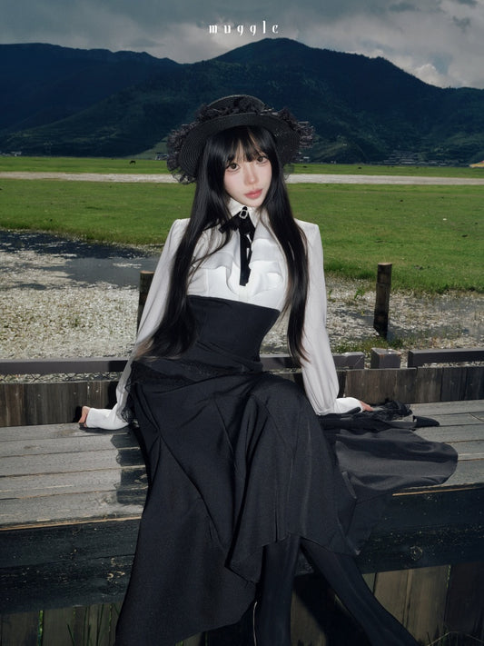 French Black Cape Waist-Cinching Retro Temperament Fishtail Dress【s0000018020】