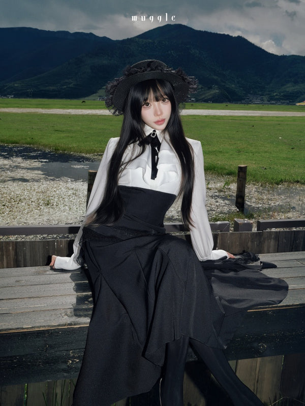 French Black Cape Waist-Cinching Retro Temperament Fishtail Dress【s0000018020】