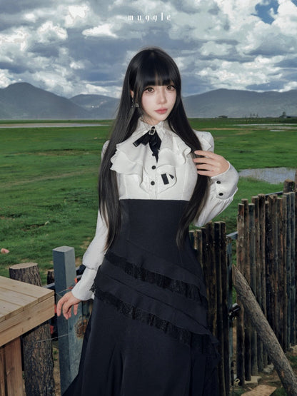 French Black Cape Waist-Cinching Retro Temperament Fishtail Dress【s0000018020】