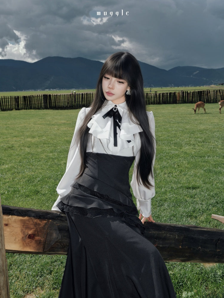 French Black Cape Waist-Cinching Retro Temperament Fishtail Dress【s0000018020】