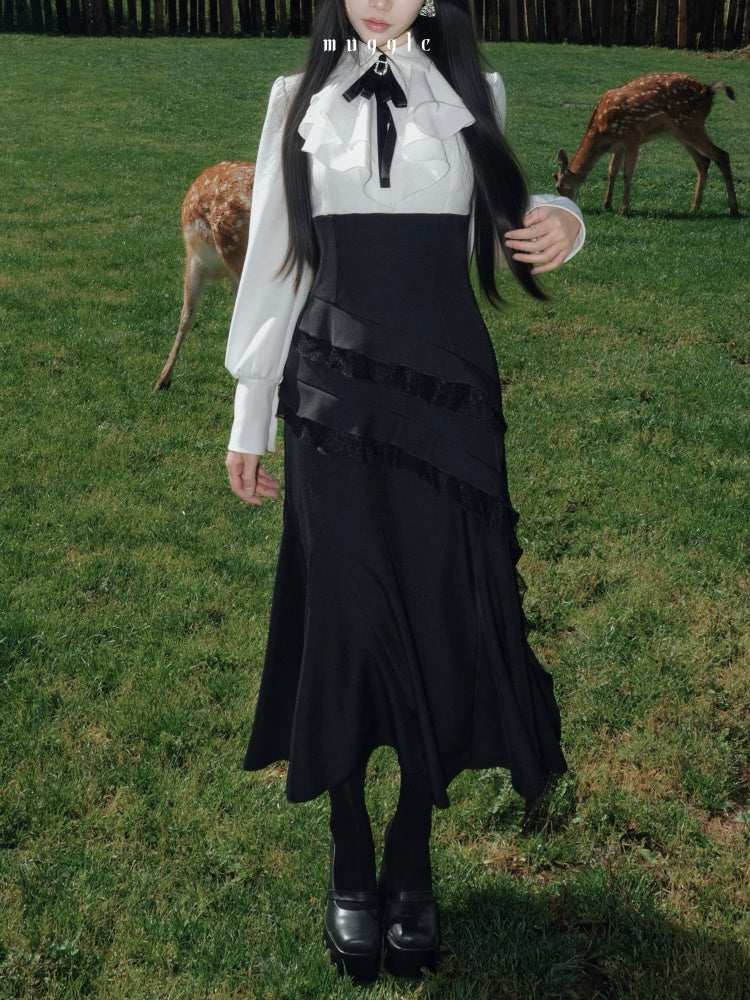 French Black Cape Waist-Cinching Retro Temperament Fishtail Dress【s0000018020】