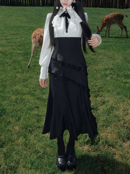 French Black Cape Waist-Cinching Retro Temperament Fishtail Dress【s0000018020】