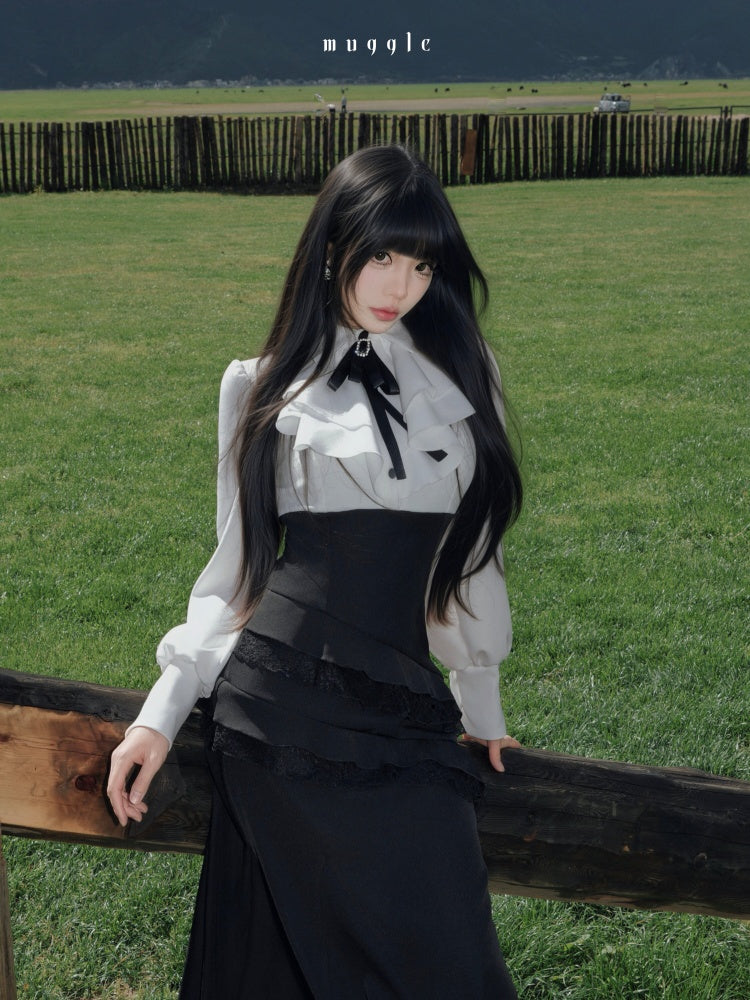 French Black Cape Waist-Cinching Retro Temperament Fishtail Dress【s0000018020】