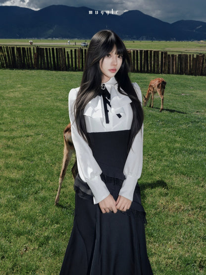 French Black Cape Waist-Cinching Retro Temperament Fishtail Dress【s0000018020】