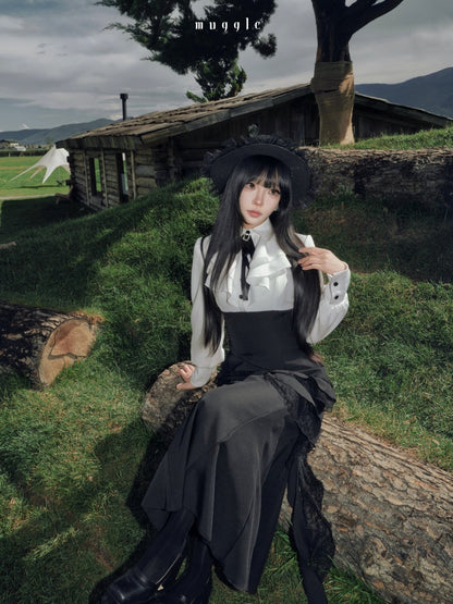 French Black Cape Waist-Cinching Retro Temperament Fishtail Dress【s0000018020】