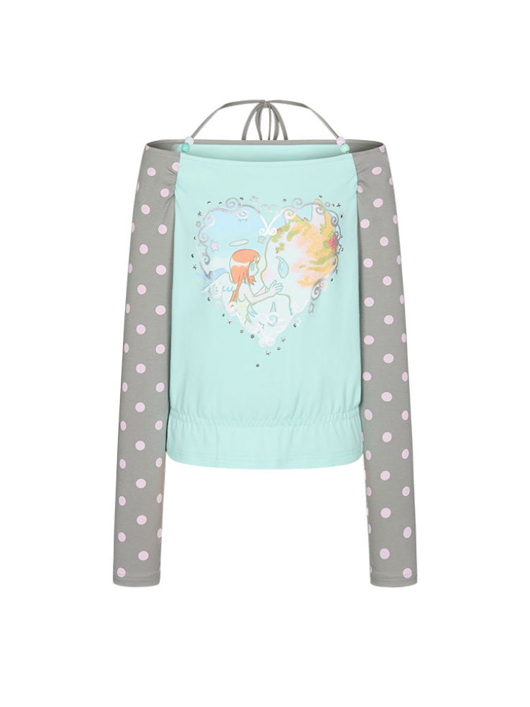One Shoulder Neck Contrasting Polka Dot Mint Green Tops【s0000018022】