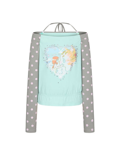 One Shoulder Neck Contrasting Polka Dot Mint Green Tops【s0000018022】