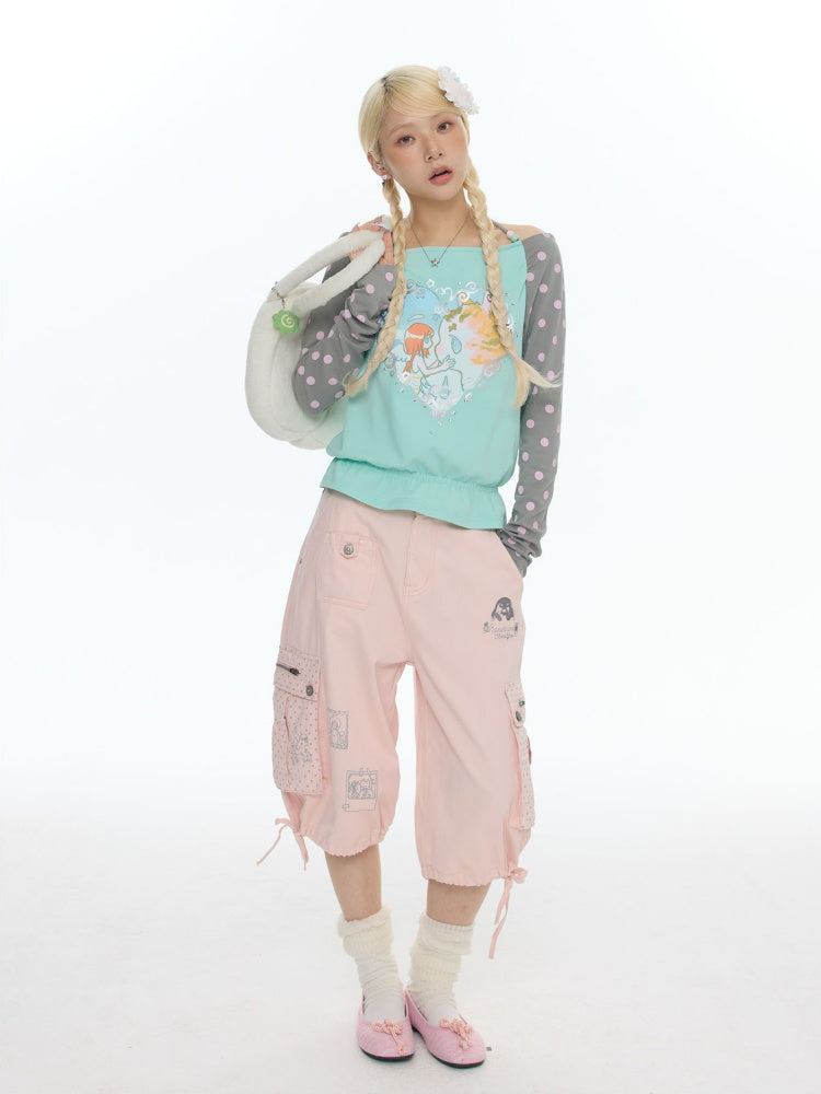 One Shoulder Neck Contrasting Polka Dot Mint Green Tops【s0000018022】