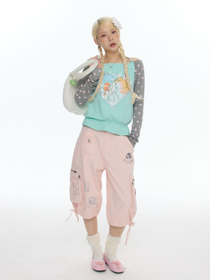 One Shoulder Neck Contrasting Polka Dot Mint Green Tops【s0000018022】