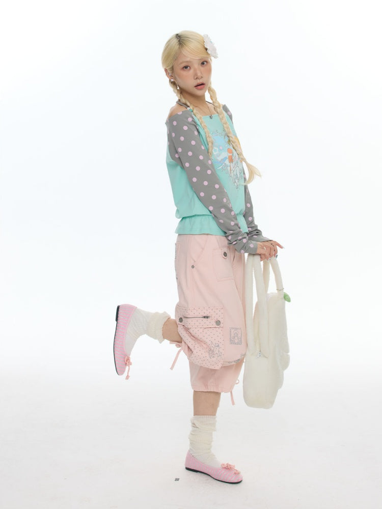 One Shoulder Neck Contrasting Polka Dot Mint Green Tops【s0000018022】