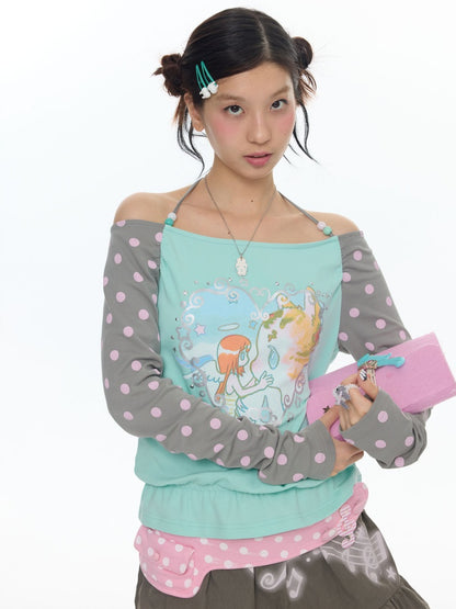 One Shoulder Neck Contrasting Polka Dot Mint Green Tops【s0000018022】