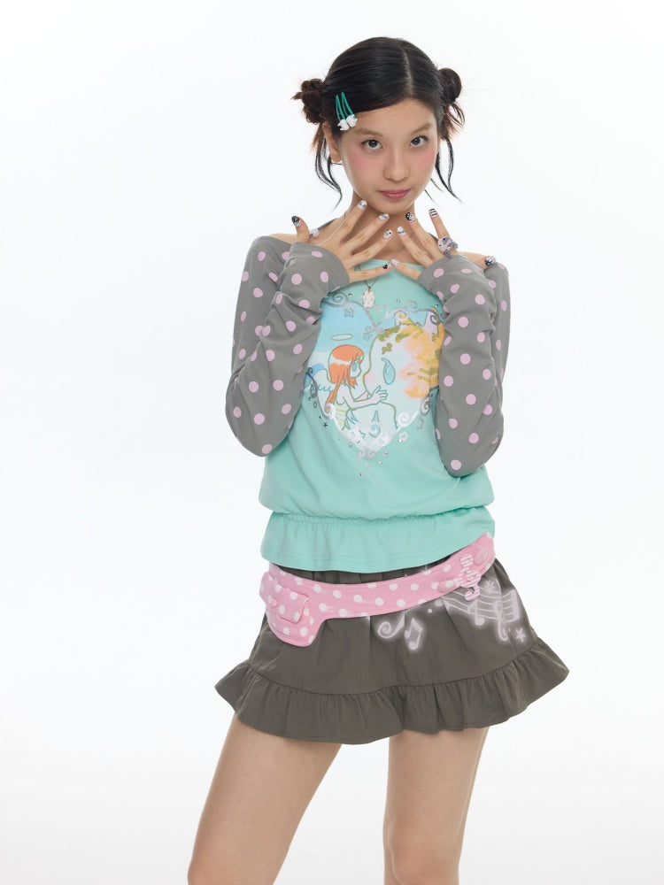 One Shoulder Neck Contrasting Polka Dot Mint Green Tops【s0000018022】