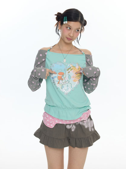 One Shoulder Neck Contrasting Polka Dot Mint Green Tops【s0000018022】