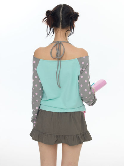 One Shoulder Neck Contrasting Polka Dot Mint Green Tops【s0000018022】