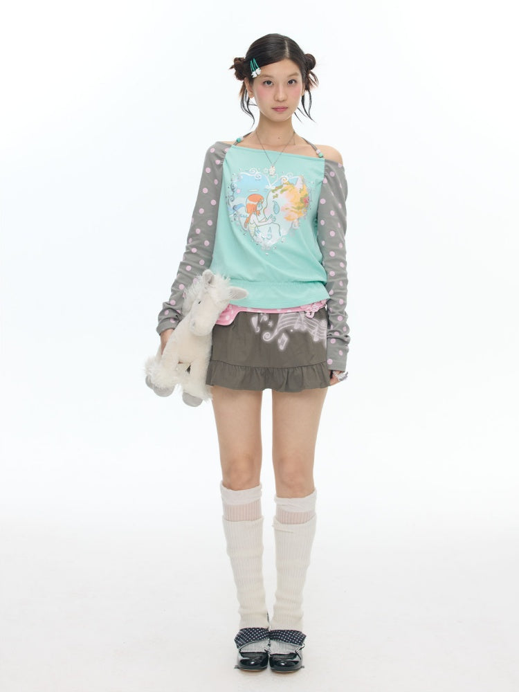 One Shoulder Neck Contrasting Polka Dot Mint Green Tops【s0000018022】