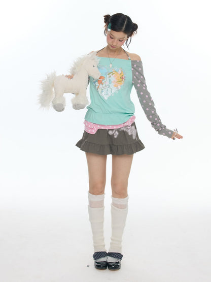 One Shoulder Neck Contrasting Polka Dot Mint Green Tops【s0000018022】