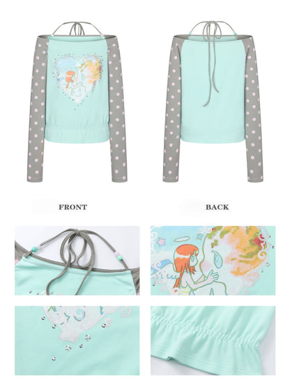 One Shoulder Neck Contrasting Polka Dot Mint Green Tops【s0000018022】