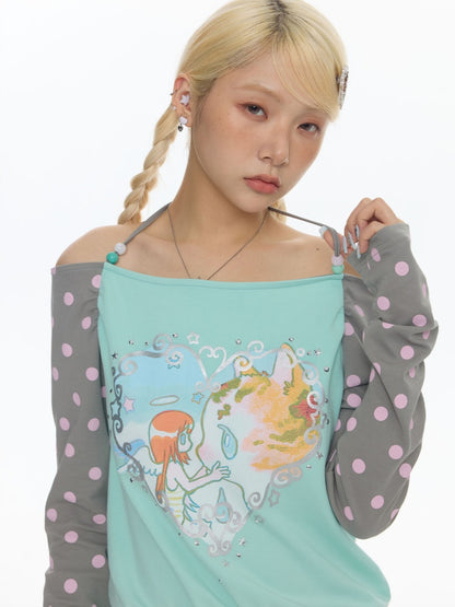One Shoulder Neck Contrasting Polka Dot Mint Green Tops【s0000018022】
